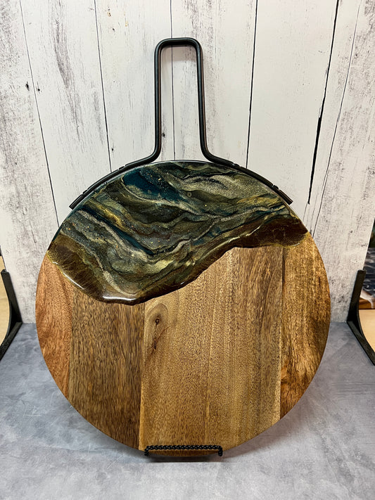***SOLD*** Round Charcuterie Board - Coffee, Green & Bronze w/black handle (2)
