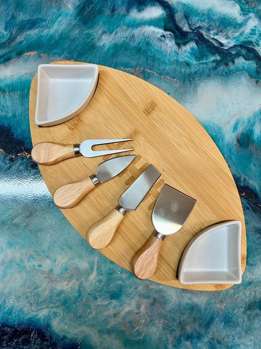Bamboo - Football - Charcuterie Board, 2 Sauce Dishes & 4 Utensils Set