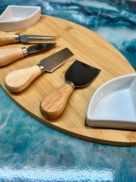 Bamboo - Football - Charcuterie Board, 2 Sauce Dishes & 4 Utensils Set