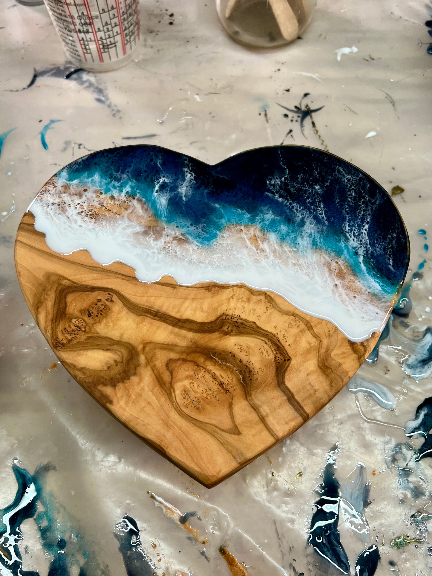 Heart-shaped Beach Wave Olive Wood Breakfast/Treat Board - 9.5x10 in