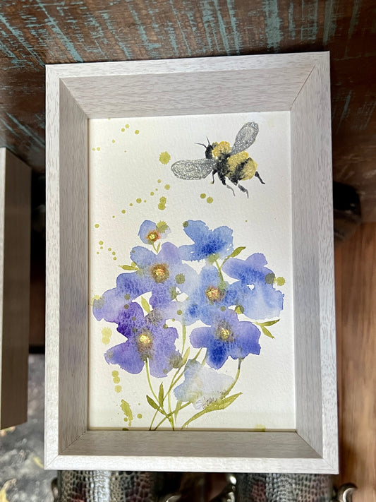 Bumble Bee & Violets Watercolor - Framed
