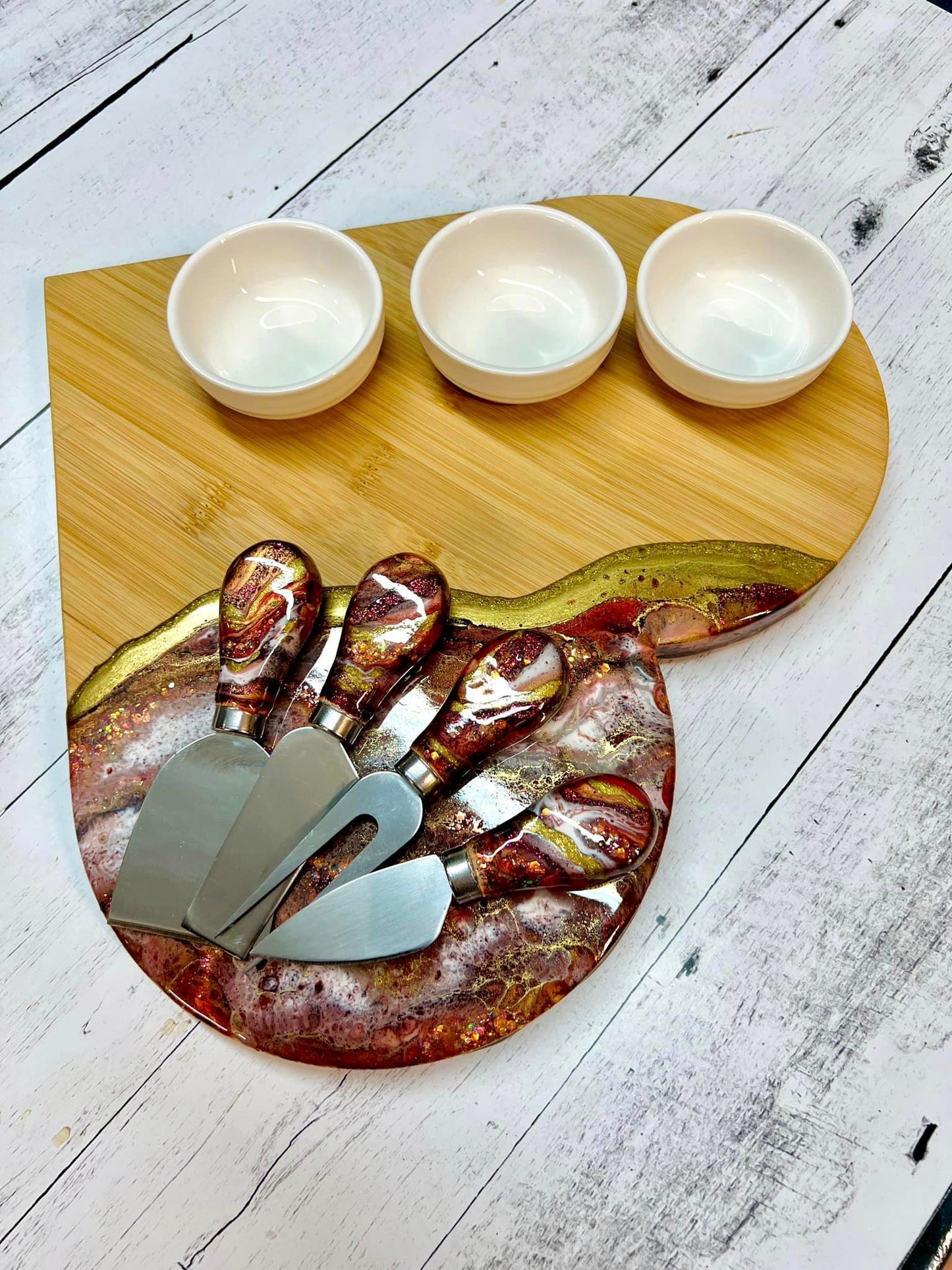 Bamboo - Be Mine Heart - Charcuterie Board, 3 sauce dishes & 4 Utensils Set
