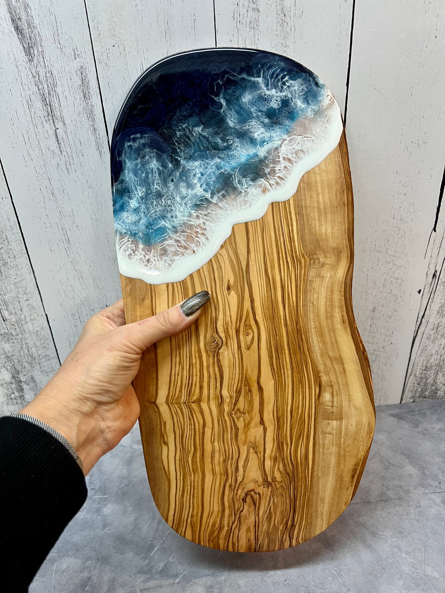 Med/Lg Olive Live Edge - Beach Wave Charcuterie Board - Pacific Ocean