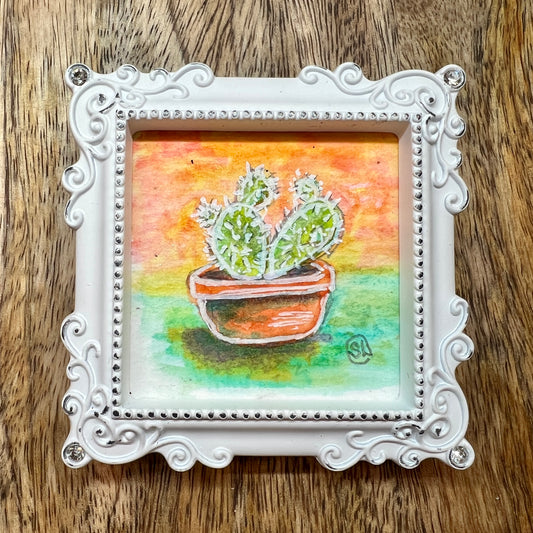 Mini Framed Watercolor Art - Cactus 2"x2"